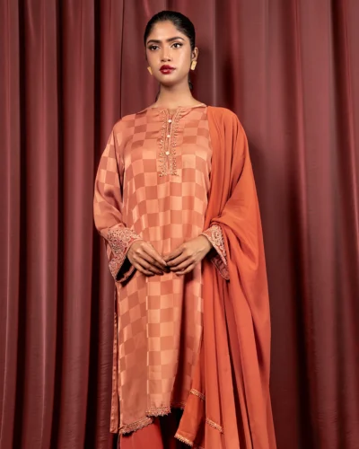 Embroidered Luxury Double Silk Long Kameez | Burnt Ochre