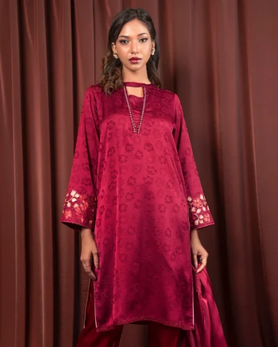 Embroidered Luxury Double Silk Long Kameez | Rio Red