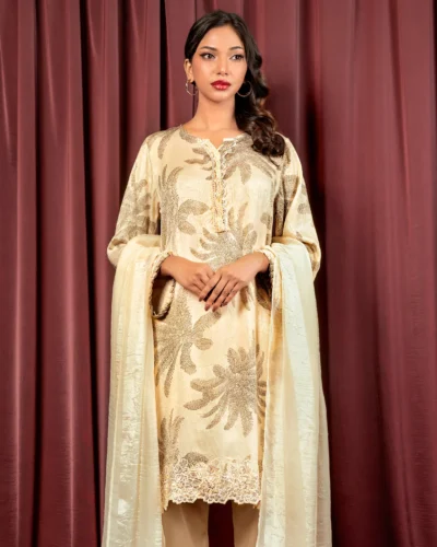 Embroidered Premium Crepe Silk Long Kameez | Cream