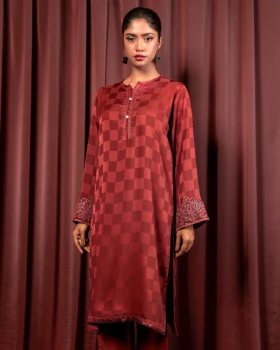 Embroidered Luxury Double Silk Long Kameez | Aggie Maroon