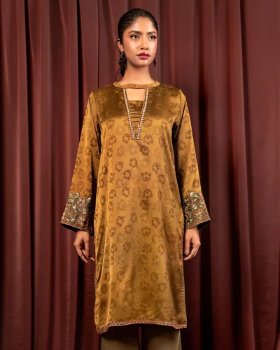 Embroidered Luxury Double Silk Long Kameez | Golden Brown