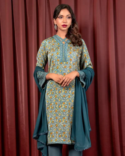 Embroidered Printed Luxury Double Silk Long Kameez | Aegean Blue
