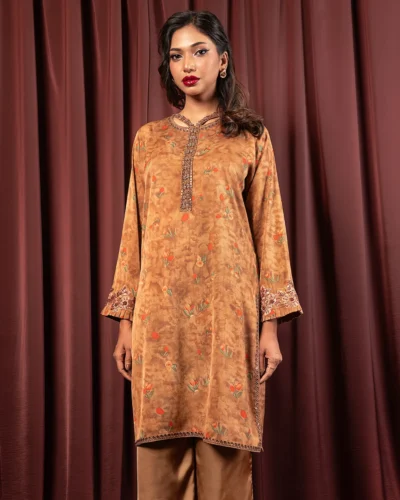 Embroidered Printed Double Silk Short Kameez | Tawny Brown