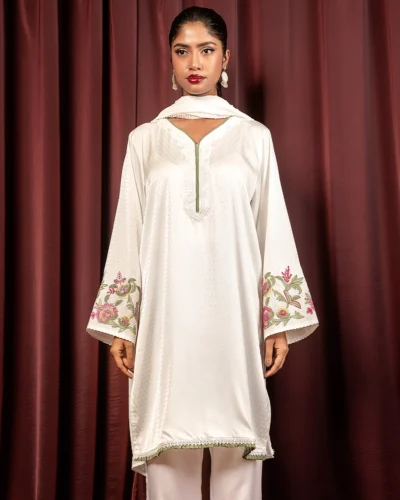 Embroidered Luxury Double Silk Short Kameez | White