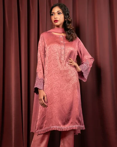 Embroidered Luxury Double Silk Long Kameez | Mineral Red