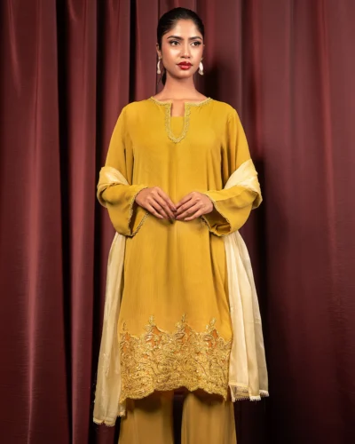 Embroidered Premium Georgette Long Kameez | Old Gold
