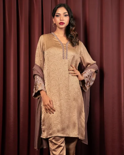 Embroidered Luxury Double Silk Short Kameez | Moonlight Beige
