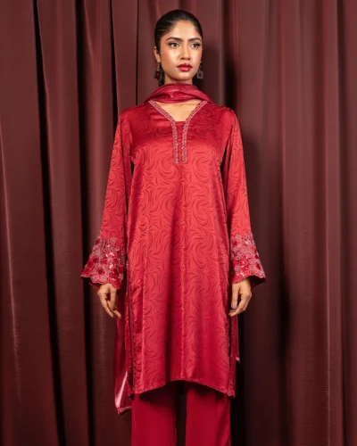 Embroidered Luxury Double Silk Short Kameez | Burn Red
