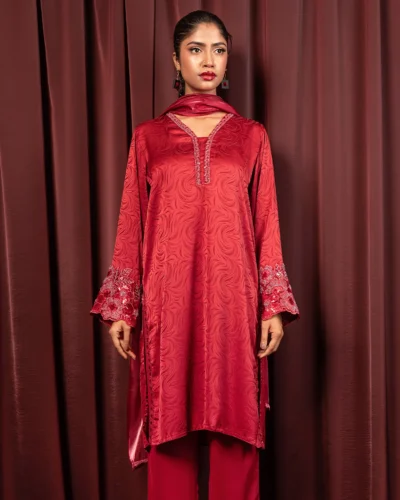 Embroidered Luxury Double Silk Short Kameez | Burn Red