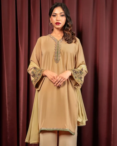 Embroidered Luxury Double Silk Short Kameez | Camel