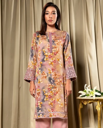Floral Printed Luxury Silk Long Kameez | Lavender Frost