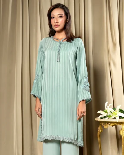 Embroidered Luxury Double Silk Short Kameez | Blue Glass