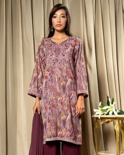 Embroidered Luxury Double Silk Printed Long Kameez | Lavender