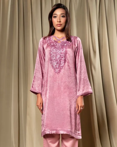 Embroidered Luxury Crepe Silk Short Kameez | Lavender Herb