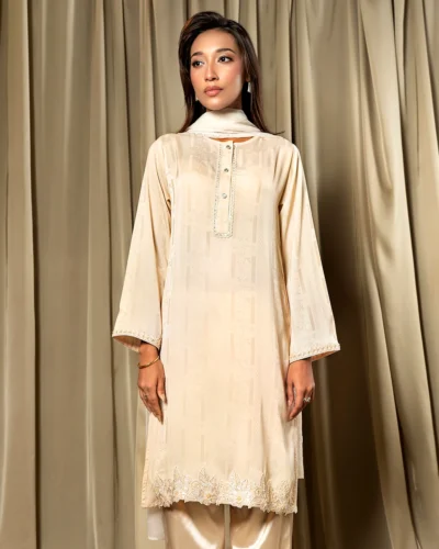 Embroidered Luxury Double Silk Short Kameez | Cream White