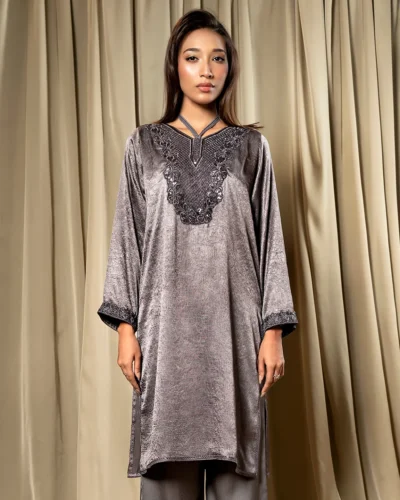 Embroidered Luxury Double Silk Long Kameez | Ash