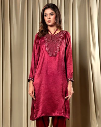 Embroidered Luxury Double Silk Long Kameez | Aggie Maroon