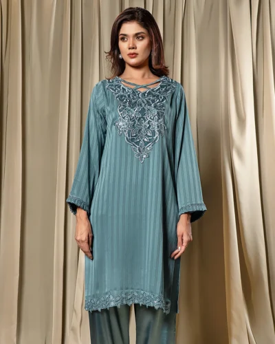 Embroidered Luxury Silk Long Kameez | Aegean Blue