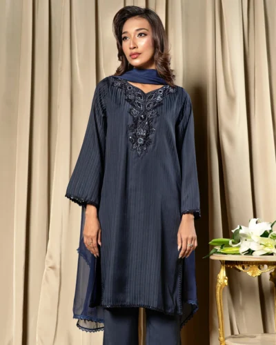 Embroidered Luxury Double Silk Long Kameez | Navy Blue