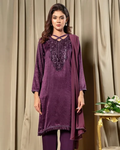 Embroidered Luxury Crepe Silk Short Kameez | Eggplant
