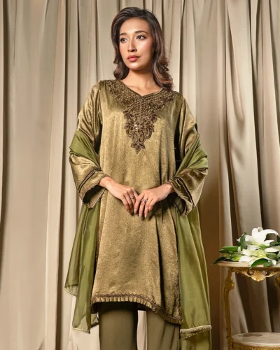 Embroidered Luxury Crepe Silk Short Kameez | Burnt Olive