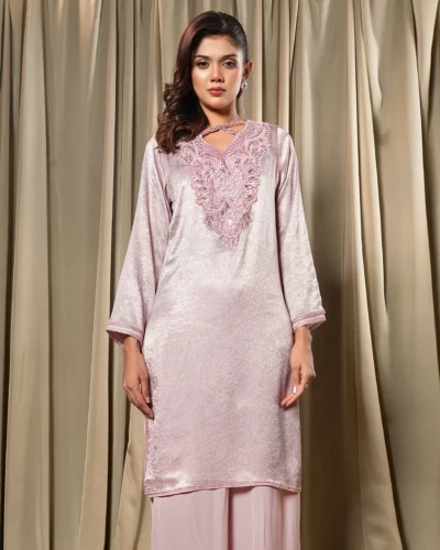 Embroidered Luxury Crepe Silk Short Kameez | Lavender Mist