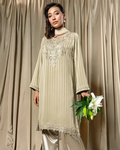Embroidered Luxury Silk Long Kameez | Green Beige