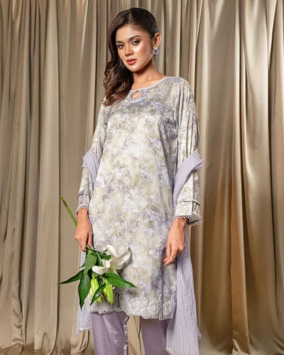 Embroidered Printed Premium Silk Short Kameez | Lavender Print