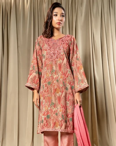 Embroidered Luxury Double Silk Printed Long Kameez | Mauvwood Pink