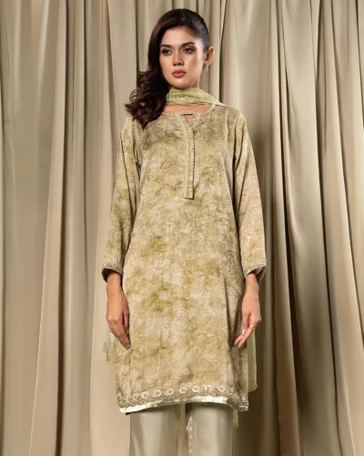 Luxury Floral Textured Silk Short Kameez  | Olive Print