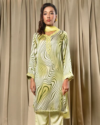 Embroidered Printed Premium Silk Short Kameez  | Beige Green Print