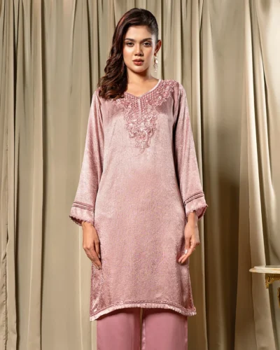 Embroidered Luxury Crepe Silk Short Kameez | Mauve Pink