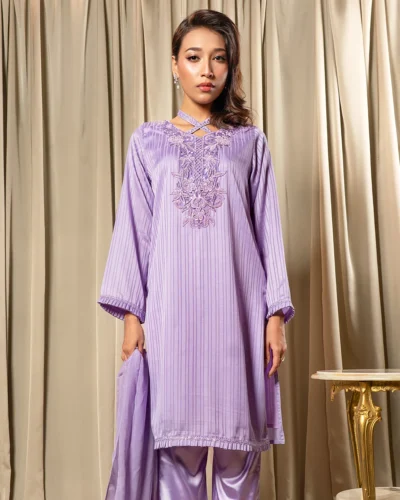 Embroidered Textured Luxury Short Kameez | Lilac Snow