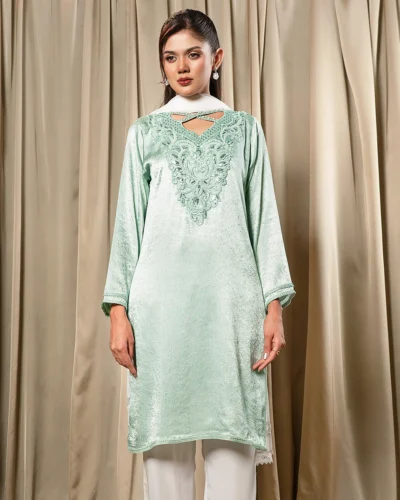 Embroidered Luxury Crepe Silk Short Kameez | Mint
