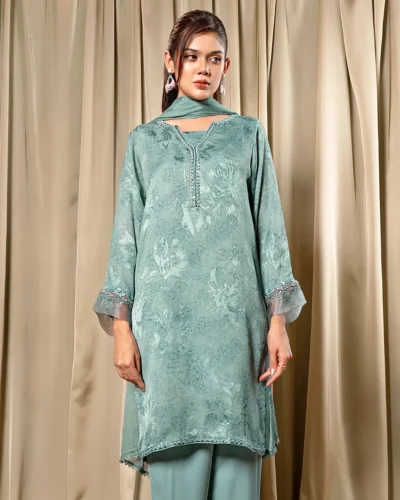 Embroidered Printed Premium Georgette Short Kameez | Aegean Blue
