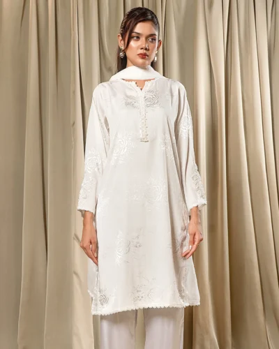 Embroidered Luxury Silk Short Kameez | White