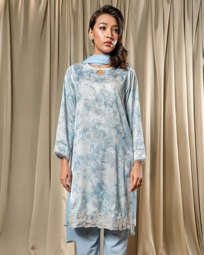 Embroidered Printed Premium Silk Short Kameez | Sky Blue Print