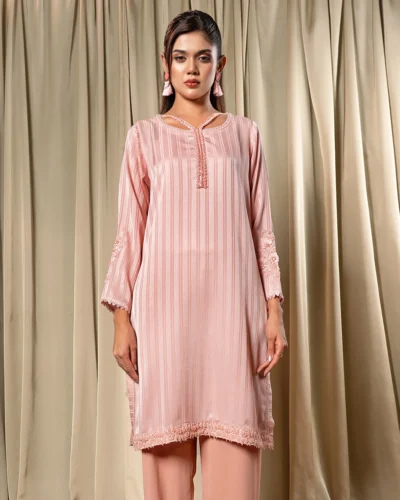 Embroidered Luxury Double Silk Short Kameez | Crepe Pink