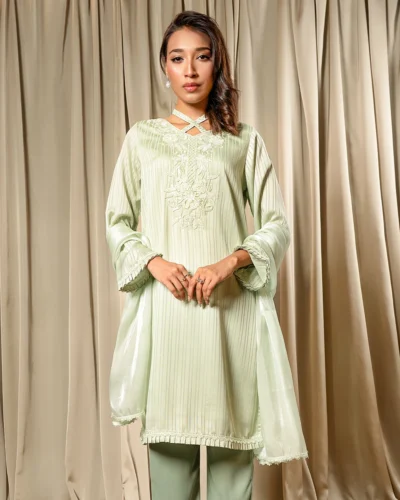 Embroidered Textured Luxury Short Kameez | Lime Cream Green