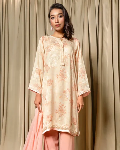 Premium Floral Textured Georgette Short Kameez | Apricot