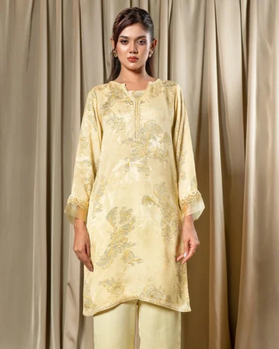 Embroidered Printed Premium Georgette Short Kameez | Pastel Lemon